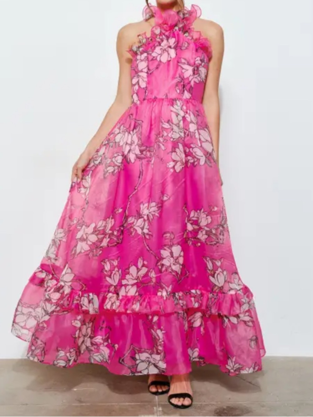 INA (i:na) Luxe Floral Organza Ruffled Halter Backless Maxi Dress Size M